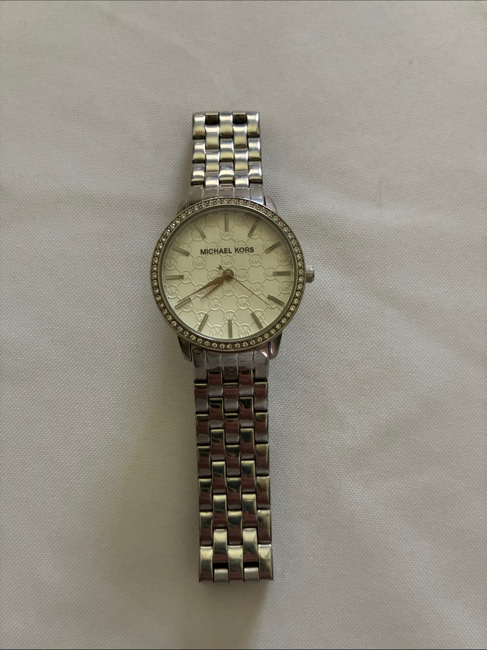 Michael Kors Silver-Tone Crystal Bezel Logo Dial Watch